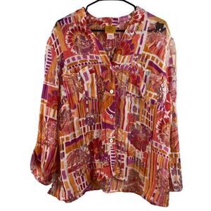 Ruby Road Button Up Shirt Red Orange Purple Floral Roll Tab Sleeve Womens 18W